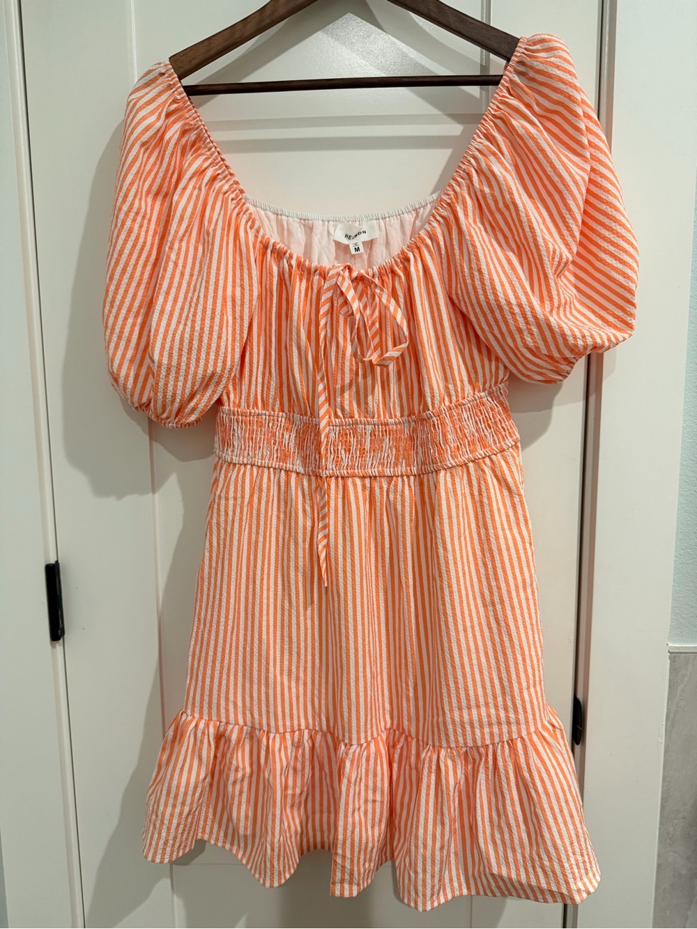 Heyson Striped Orange Puff-Sleeve Summer Dress Smocked Waist Tie Scoop Neck M
